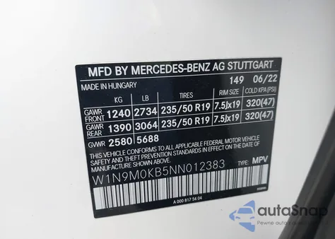 2022 Mercedes-Benz Eqb 300 Suv 4Matic z USA, uszkodzony, nr VIN W1N9M0KB5NN012383